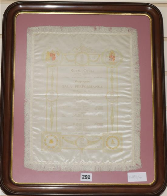 A Royal Opera Covent Garden silk programme, Gala Performance, June 11, 1907, framed and